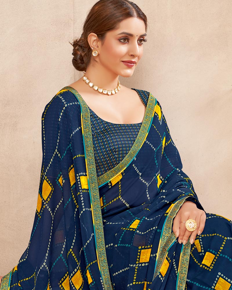 Vishal Prints Navy Blue Printed Georgette Saree With Fancy Border