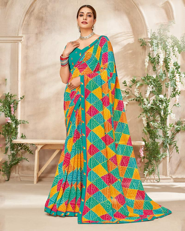 Vishal Prints Teal Green Printed Georgette Saree With Fancy Border