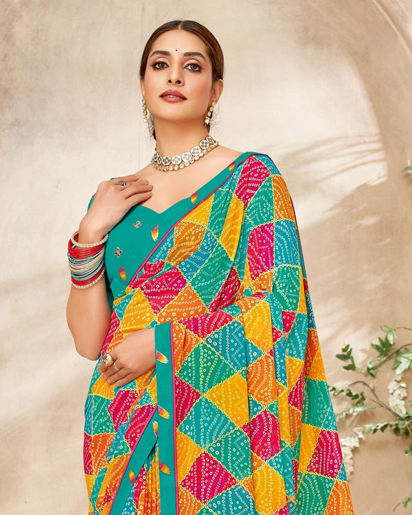 Vishal Prints Teal Green Printed Georgette Saree With Fancy Border