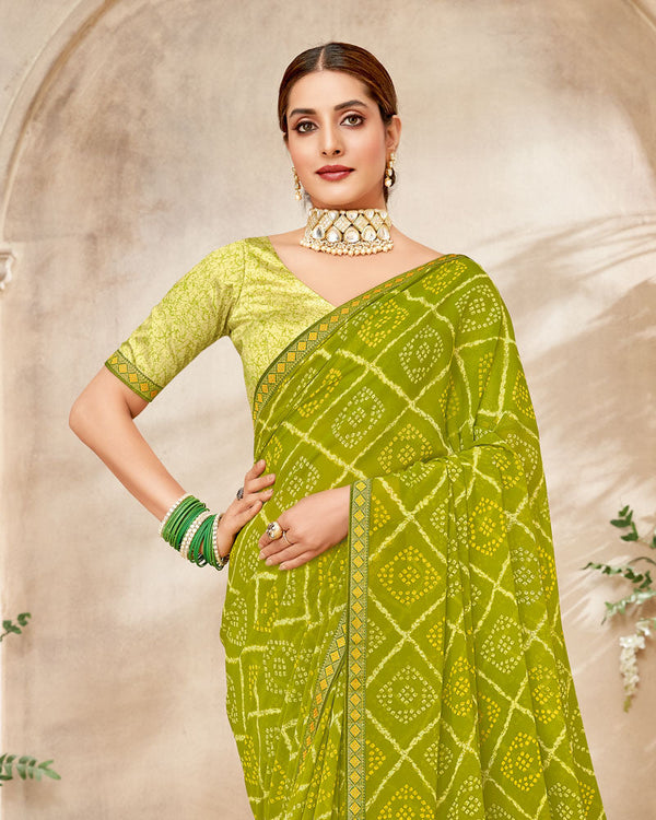 Vishal Prints Olive Green Printed Georgette Saree With Fancy Border