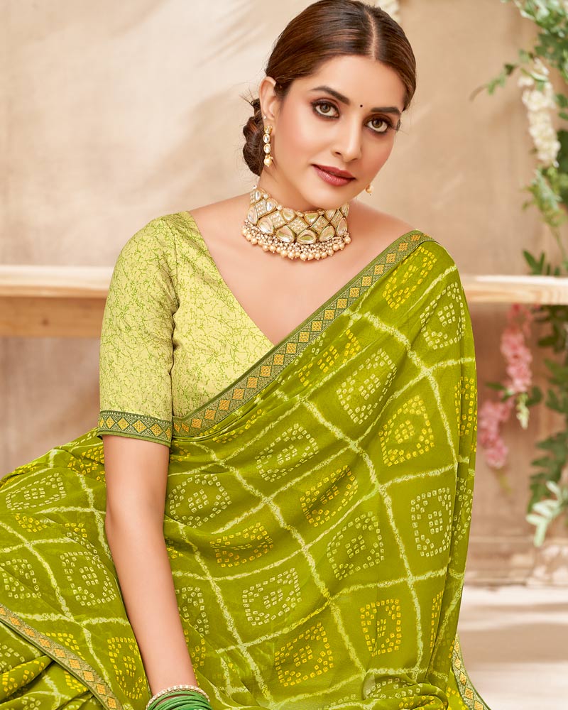 Vishal Prints Olive Green Printed Georgette Saree With Fancy Border