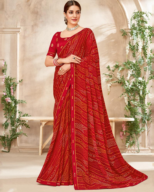 Vishal Prints Dark Red Printed Georgette Saree With Fancy Border