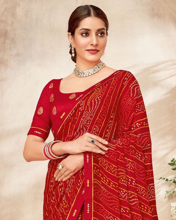 Vishal Prints Dark Red Printed Georgette Saree With Fancy Border