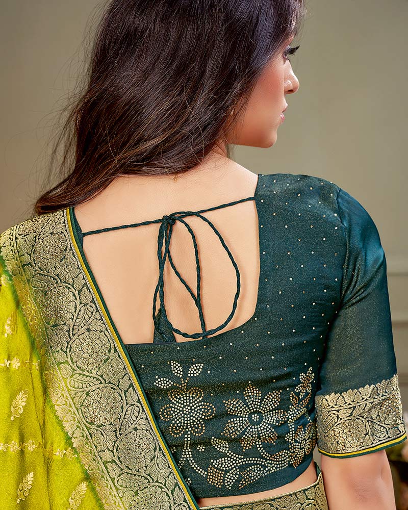 Vishal Prints Olive Yellow Designer Dola Silk Saree With Weaving And Diamond Work