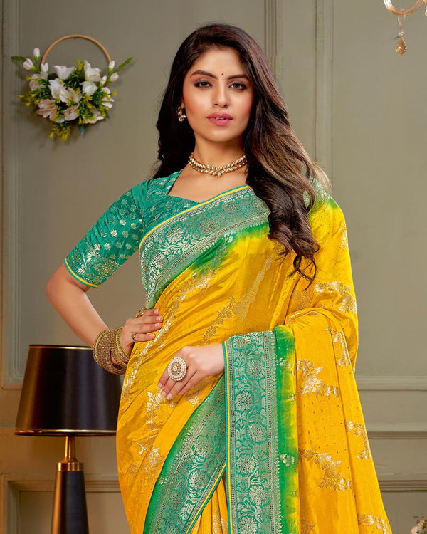 Vishal Prints Golden Yellow Designer Dola Silk Saree With Weaving And Diamond Work