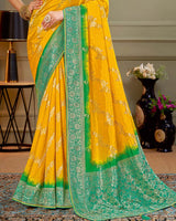 Vishal Prints Golden Yellow Designer Dola Silk Saree With Weaving And Diamond Work