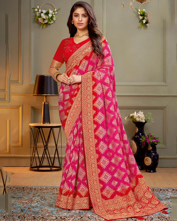 Vishal Prints Dark Pink Designer Dola Silk Saree With Weaving And Diamond Work