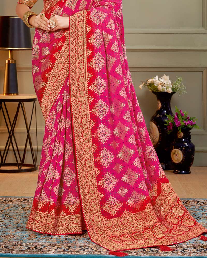 Vishal Prints Dark Pink Designer Dola Silk Saree With Weaving And Diamond Work