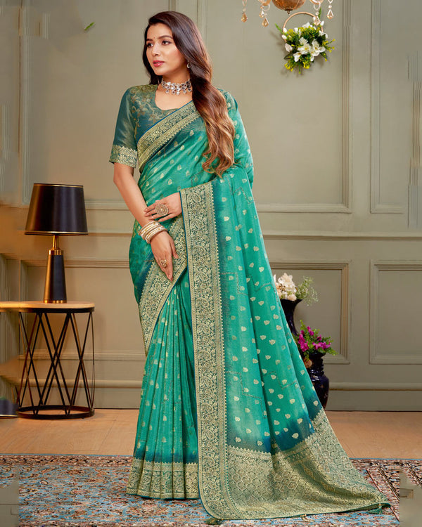 Vishal Prints Aqua Green Designer Dola Silk Saree With Weaving And Diamond Work