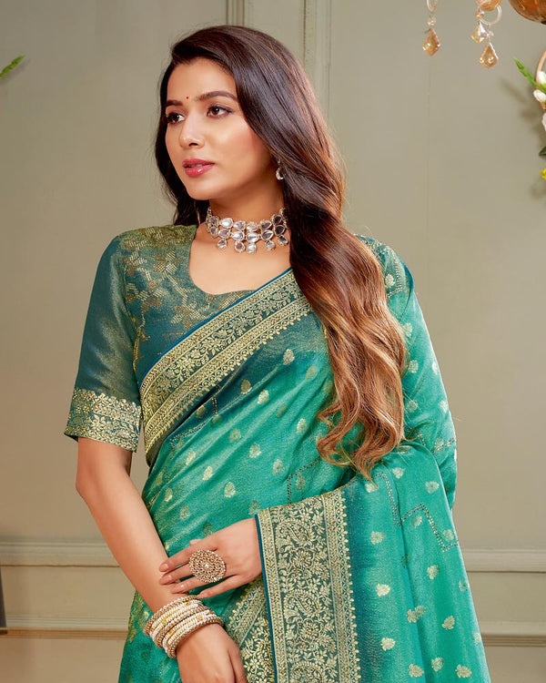 Vishal Prints Aqua Green Designer Dola Silk Saree With Weaving And Diamond Work