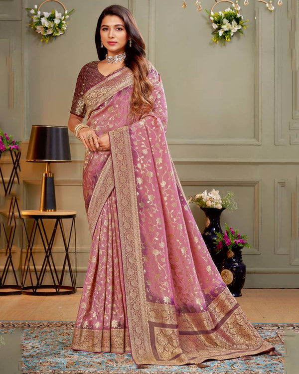 Vishal Prints Dusty Pink Designer Dola Silk Saree With Weaving And Diamond Work