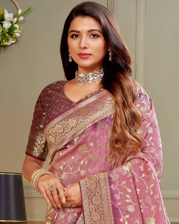 Vishal Prints Dusty Pink Designer Dola Silk Saree With Weaving And Diamond Work