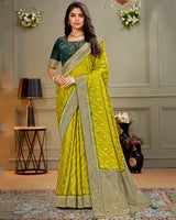 Vishal Prints Olive Yellow Designer Dola Silk Saree With Weaving And Diamond Work