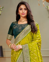 Vishal Prints Olive Yellow Designer Dola Silk Saree With Weaving And Diamond Work
