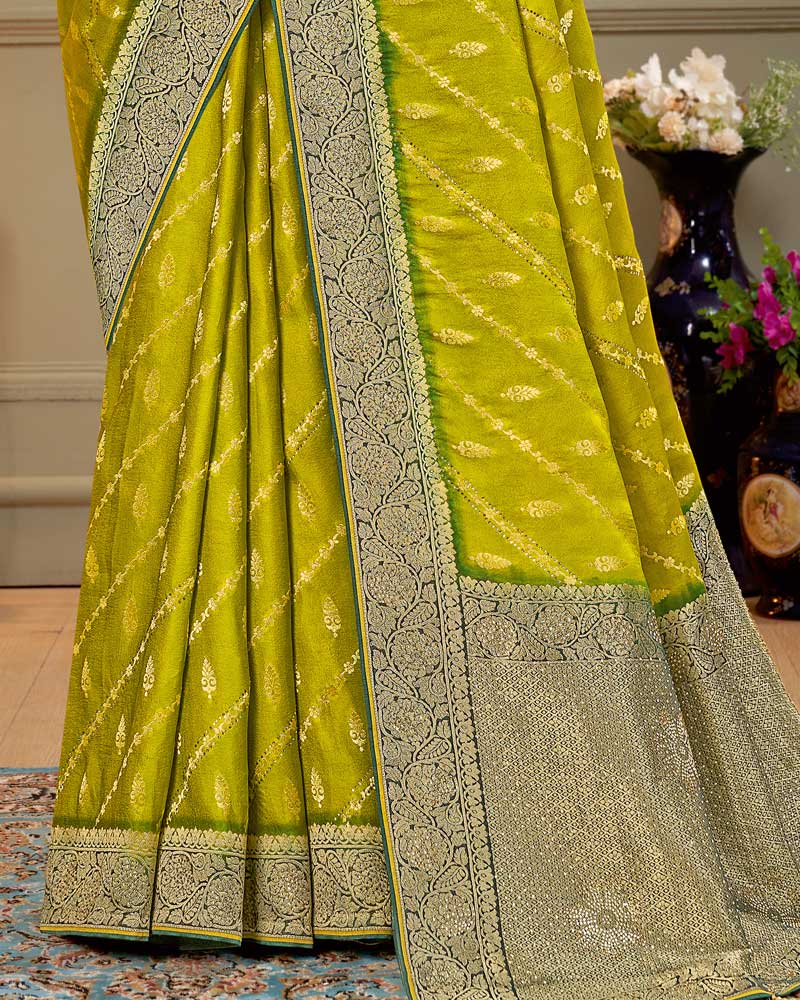 Vishal Prints Olive Yellow Designer Dola Silk Saree With Weaving And Diamond Work