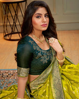Vishal Prints Olive Yellow Designer Dola Silk Saree With Weaving And Diamond Work