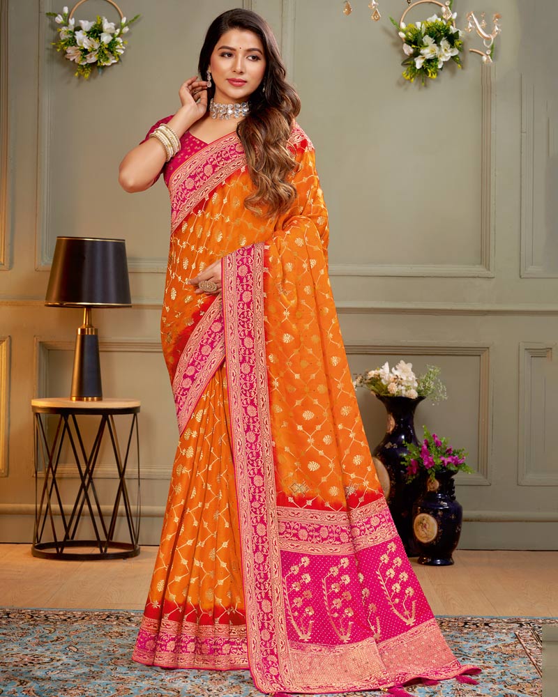 Vishal Prints Orange Designer Dola Silk Saree With Weaving And Diamond Work