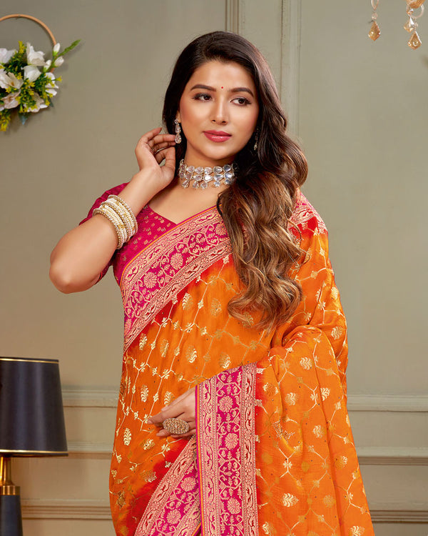 Vishal Prints Orange Designer Dola Silk Saree With Weaving And Diamond Work