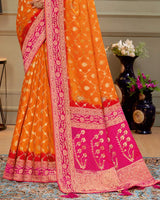 Vishal Prints Orange Designer Dola Silk Saree With Weaving And Diamond Work