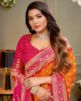 Vishal Prints Orange Designer Dola Silk Saree With Weaving And Diamond Work