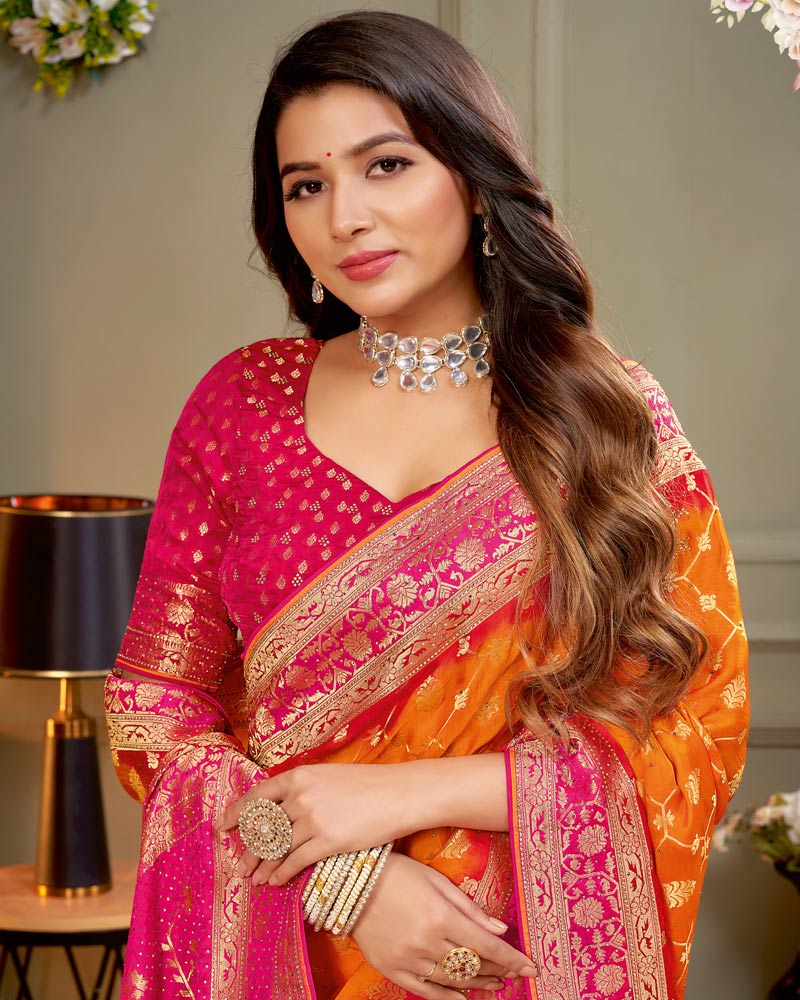 Vishal Prints Orange Designer Dola Silk Saree With Weaving And Diamond Work