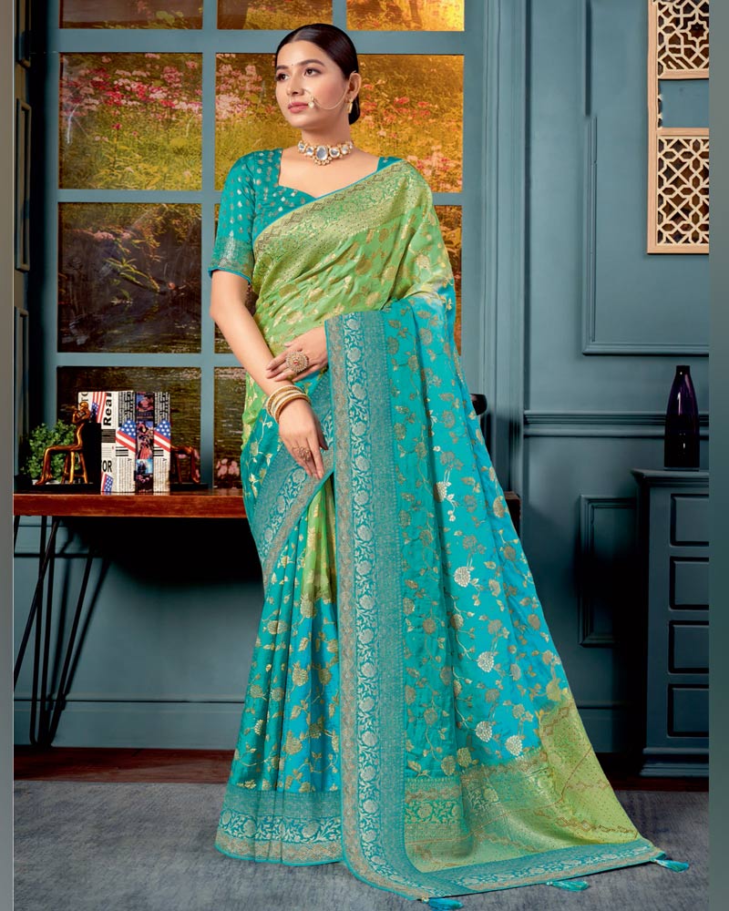 Vishal Prints Dusty Green Designer Dola Silk Saree With Weaving-Diamond Work And Tassel