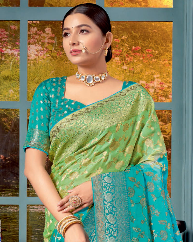 Vishal Prints Dusty Green Designer Dola Silk Saree With Weaving-Diamond Work And Tassel
