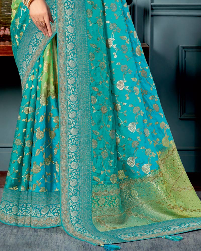 Vishal Prints Dusty Green Designer Dola Silk Saree With Weaving-Diamond Work And Tassel