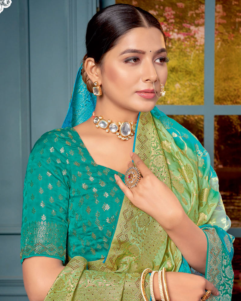 Vishal Prints Dusty Green Designer Dola Silk Saree With Weaving-Diamond Work And Tassel
