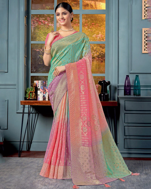 Vishal Prints Pastel Teal Green Designer Dola Silk Saree With Weaving-Diamond Work And Tassel