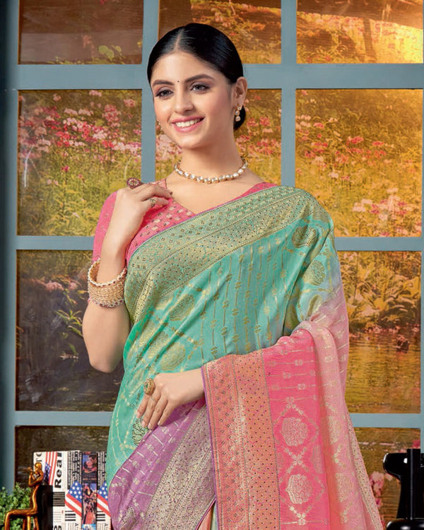 Vishal Prints Pastel Teal Green Designer Dola Silk Saree With Weaving-Diamond Work And Tassel