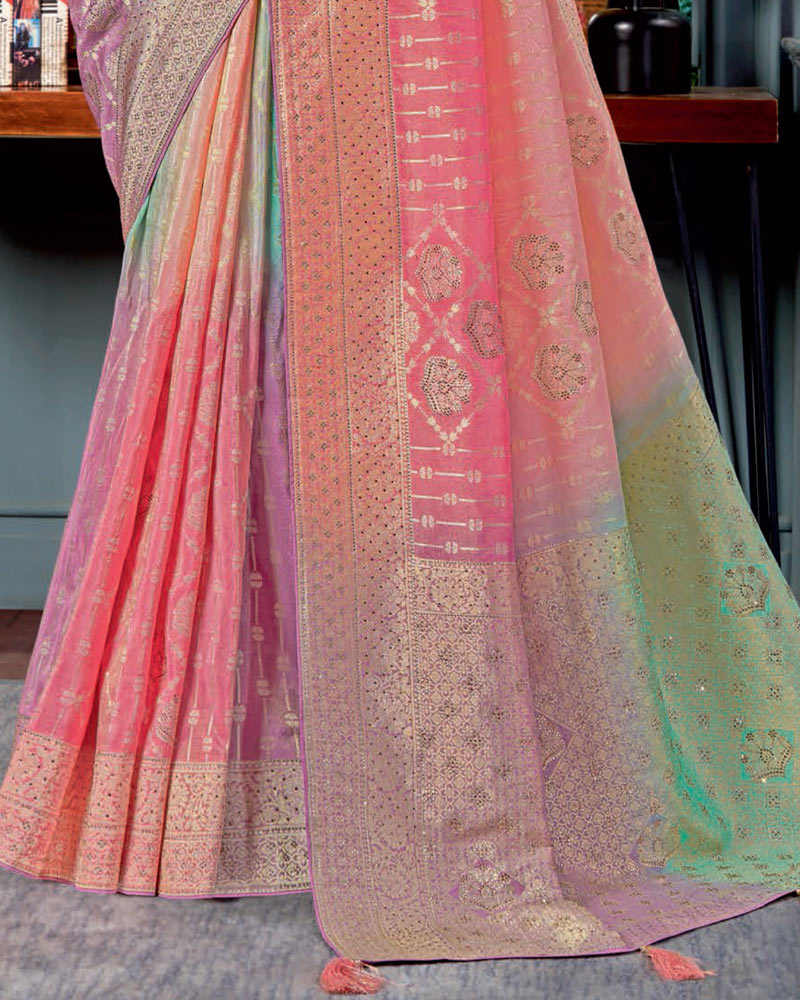 Vishal Prints Pastel Teal Green Designer Dola Silk Saree With Weaving-Diamond Work And Tassel