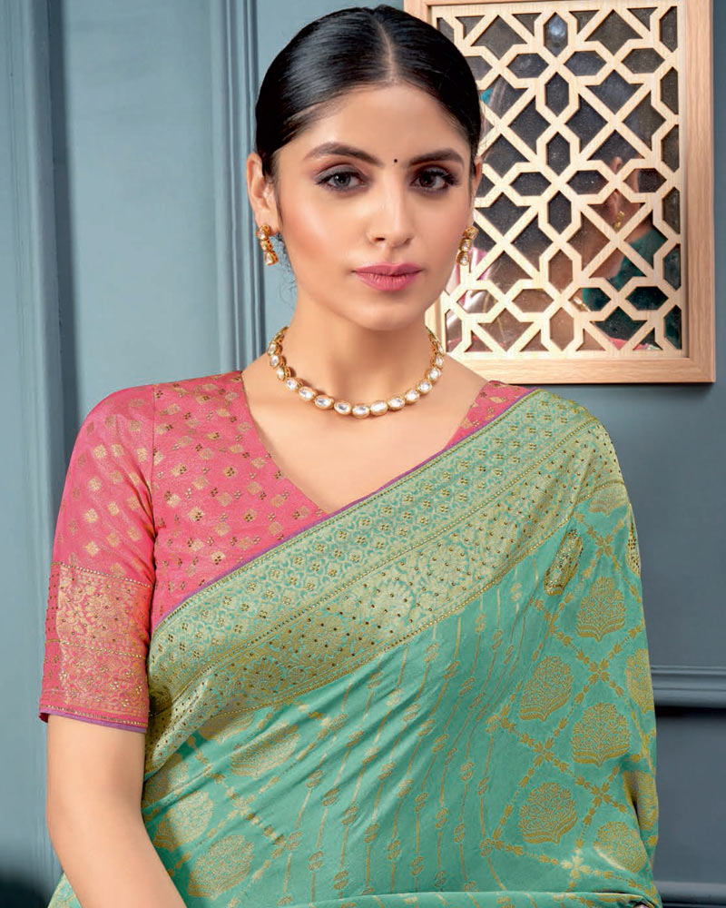 Vishal Prints Pastel Teal Green Designer Dola Silk Saree With Weaving-Diamond Work And Tassel