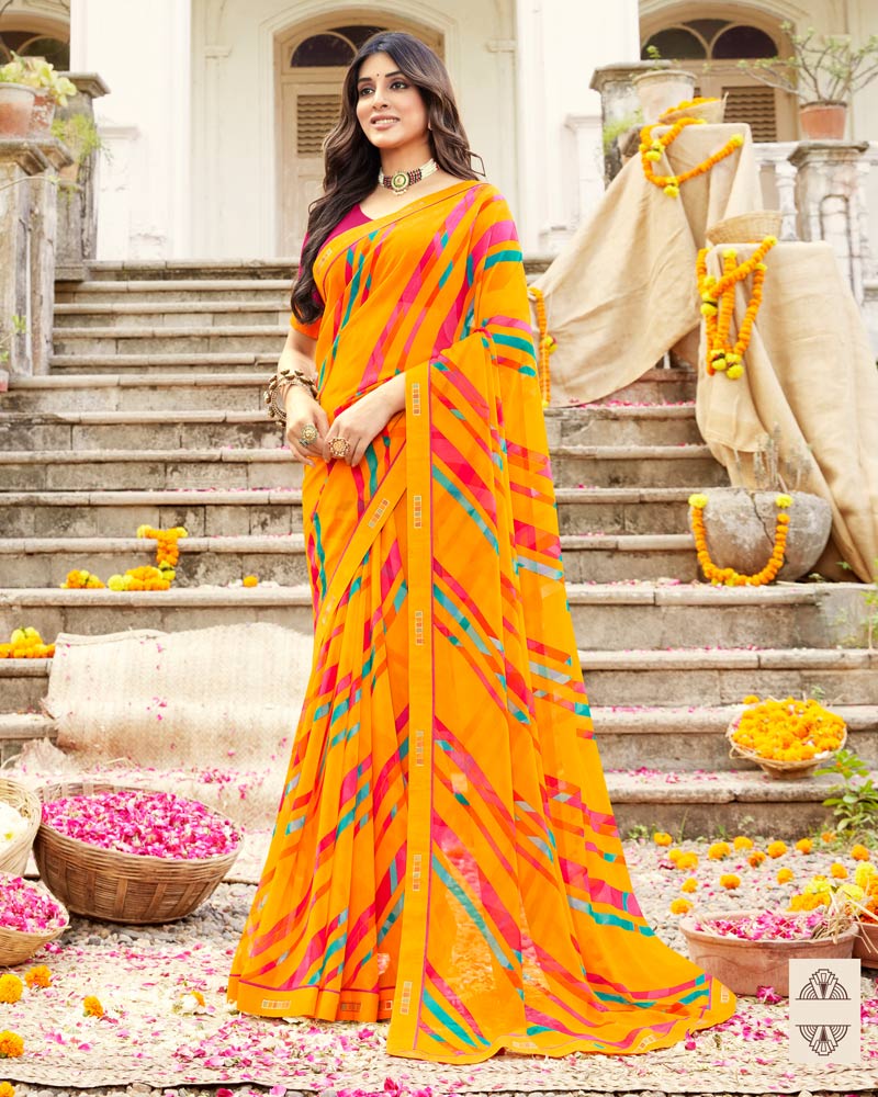 Vishal Prints Golden Yellow Printed Georgette Saree With Fancy Border