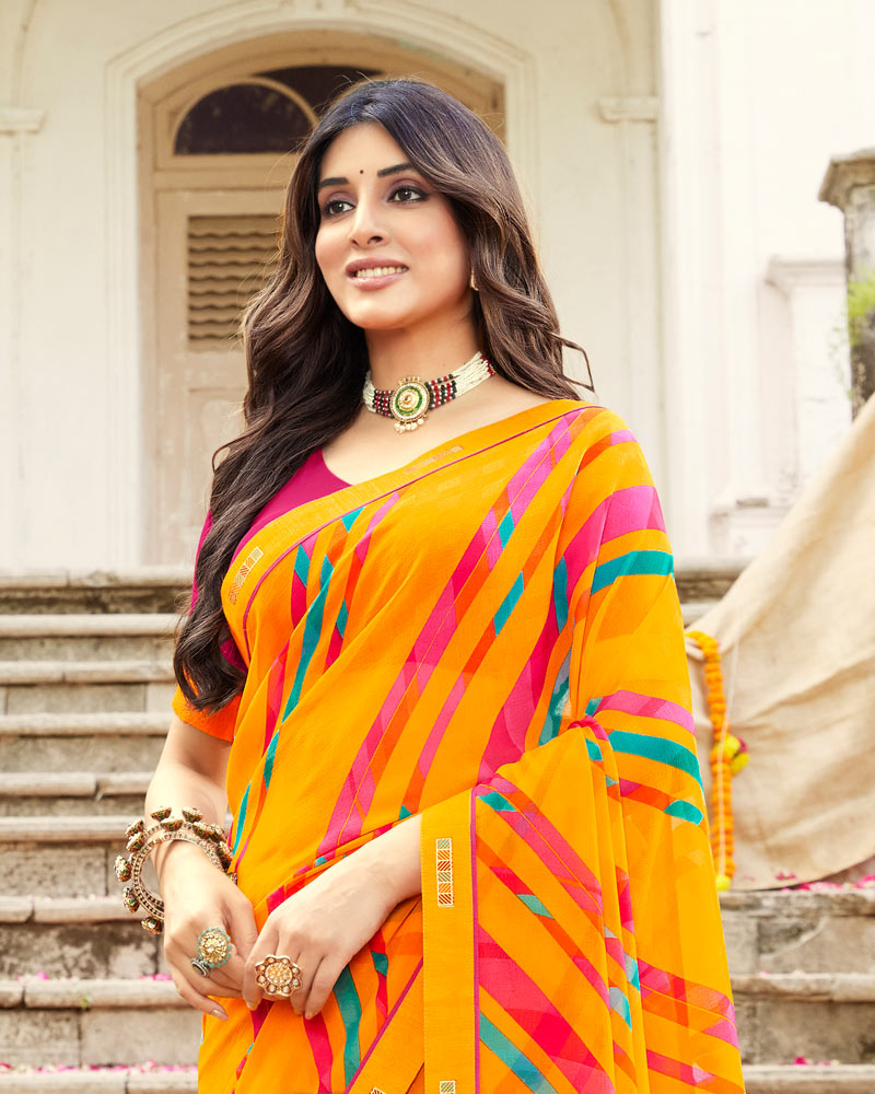 Vishal Prints Golden Yellow Printed Georgette Saree With Fancy Border