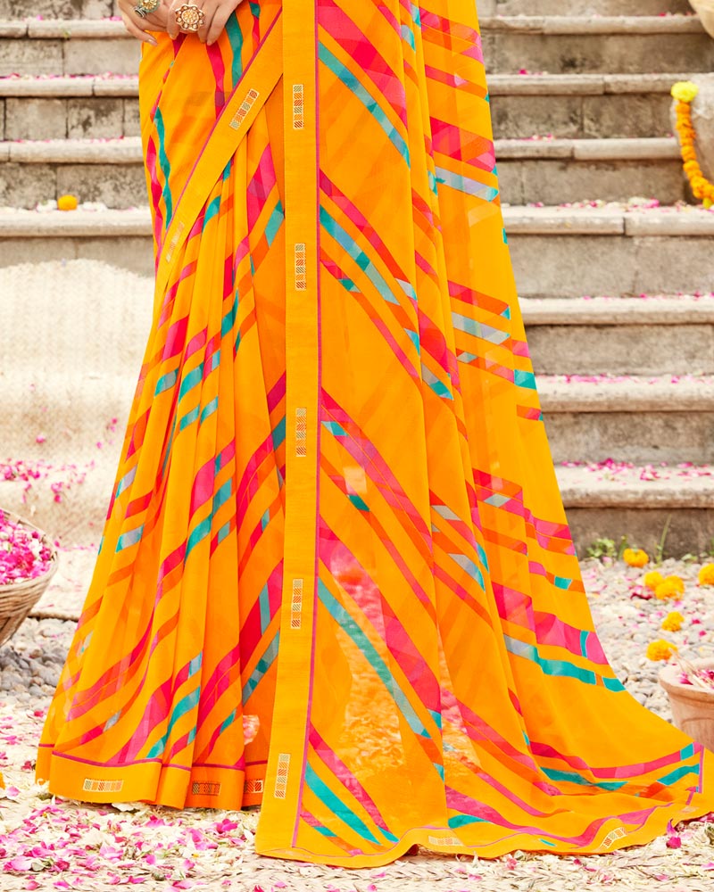 Vishal Prints Golden Yellow Printed Georgette Saree With Fancy Border