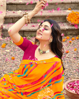 Vishal Prints Golden Yellow Printed Georgette Saree With Fancy Border