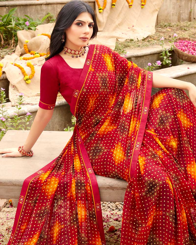 Vishal Prints Burgundy Printed Georgette Saree With Fancy Border