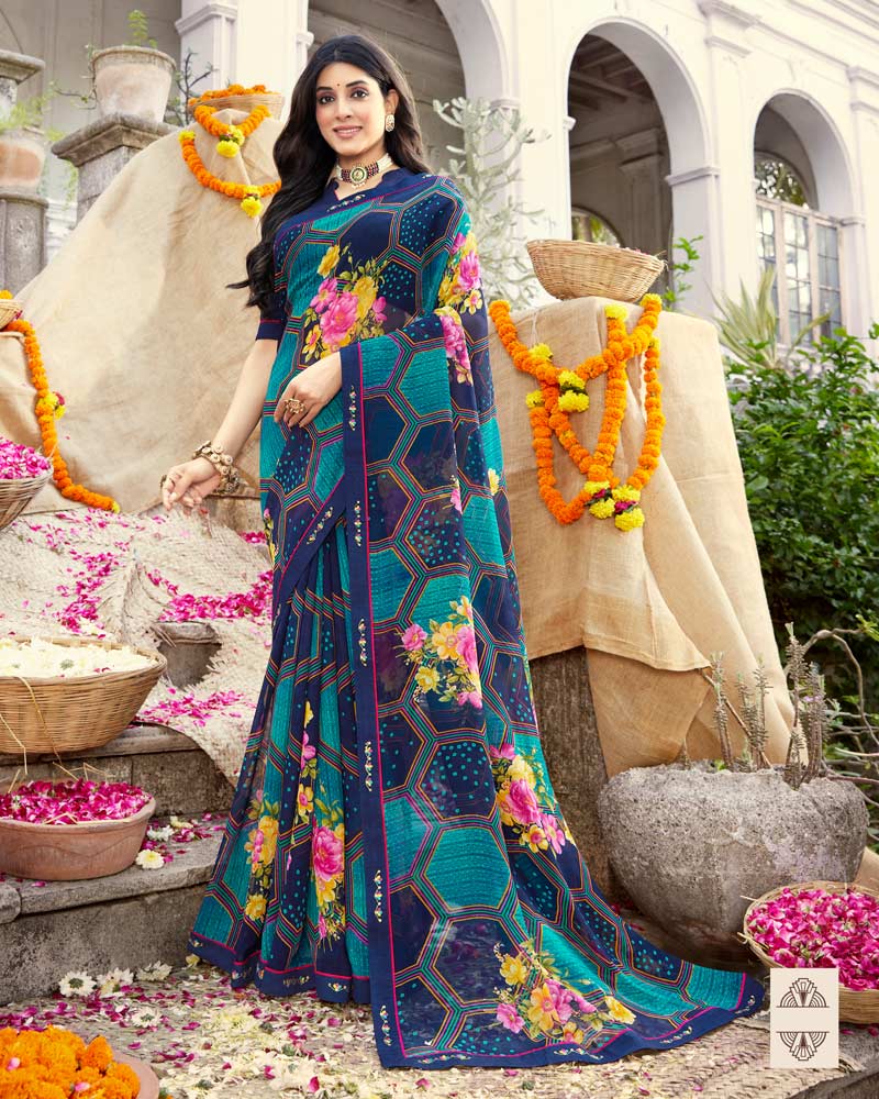 Vishal Prints Ink Blue Printed Georgette Saree With Fancy Border
