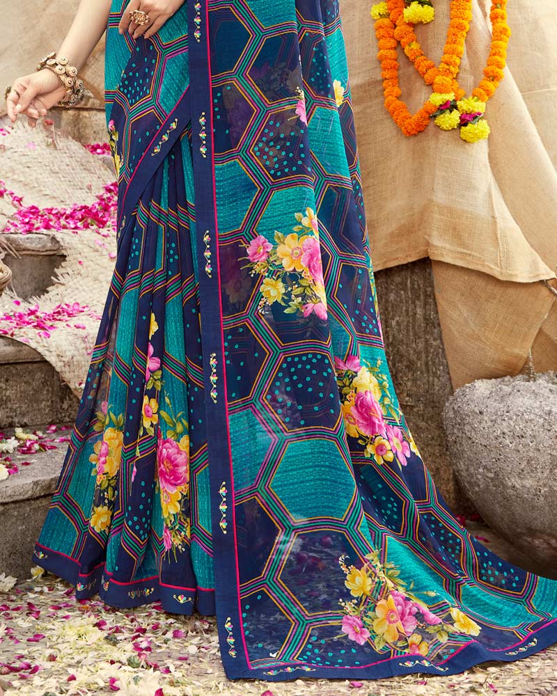Vishal Prints Ink Blue Printed Georgette Saree With Fancy Border