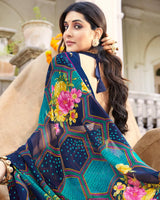 Vishal Prints Ink Blue Printed Georgette Saree With Fancy Border