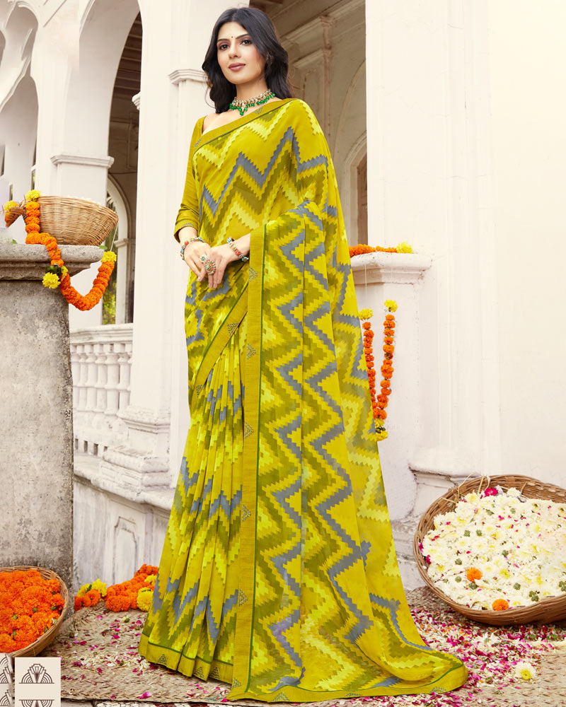 Vishal Prints Olive Yellow Printed Georgette Saree With Fancy Border