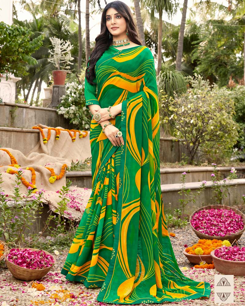 Vishal Prints Dark Green Printed Georgette Saree With Fancy Border