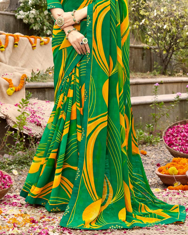 Vishal Prints Dark Green Printed Georgette Saree With Fancy Border
