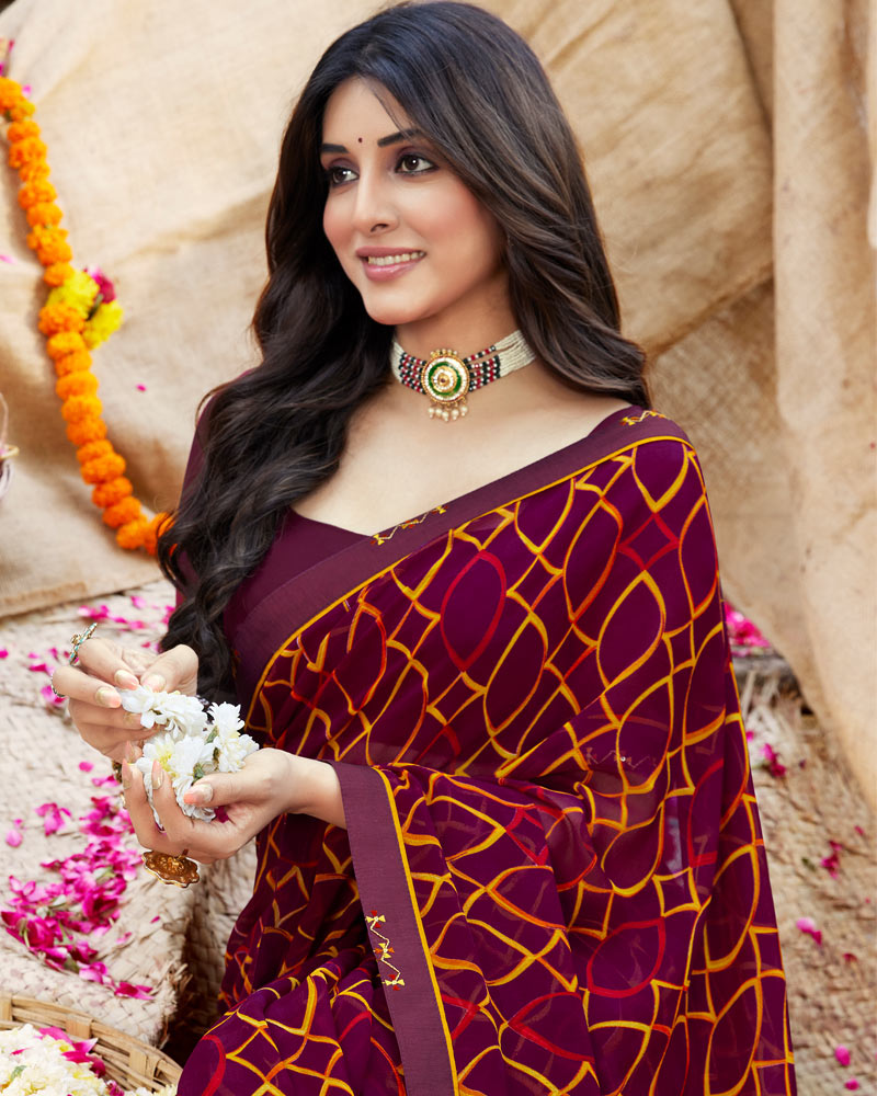 Vishal Prints Wine Printed Georgette Saree With Fancy Border