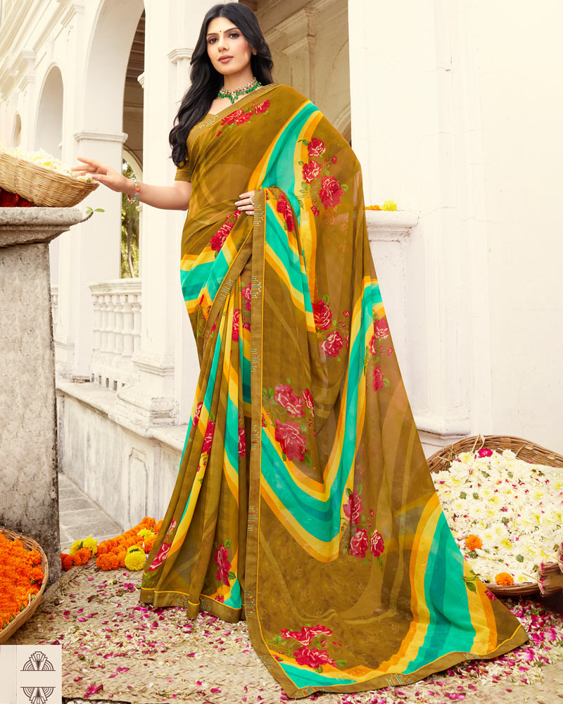 Vishal Prints Dark Mustard Printed Georgette Saree With Fancy Border