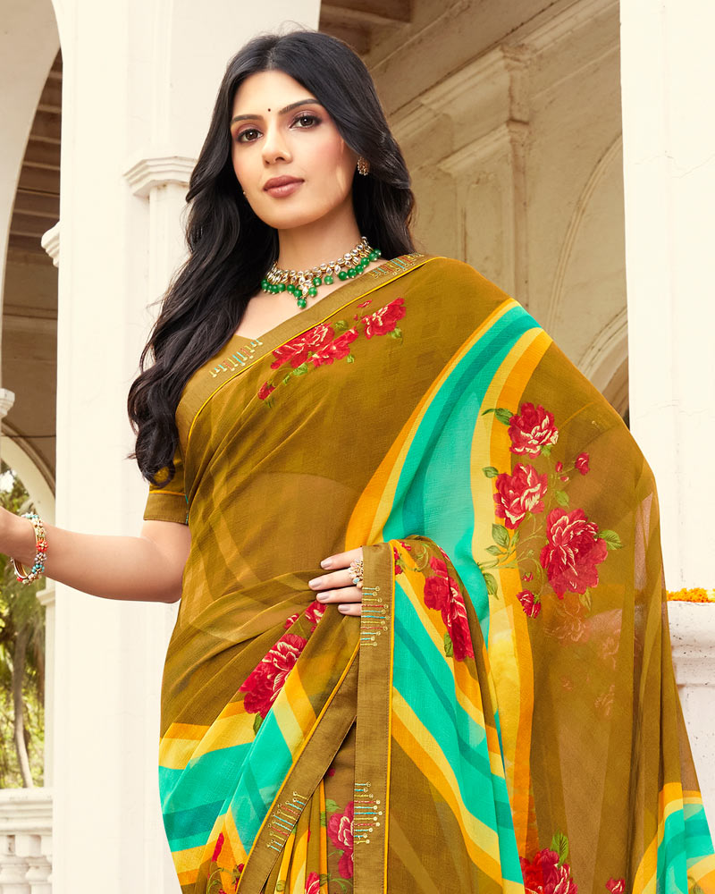 Vishal Prints Dark Mustard Printed Georgette Saree With Fancy Border