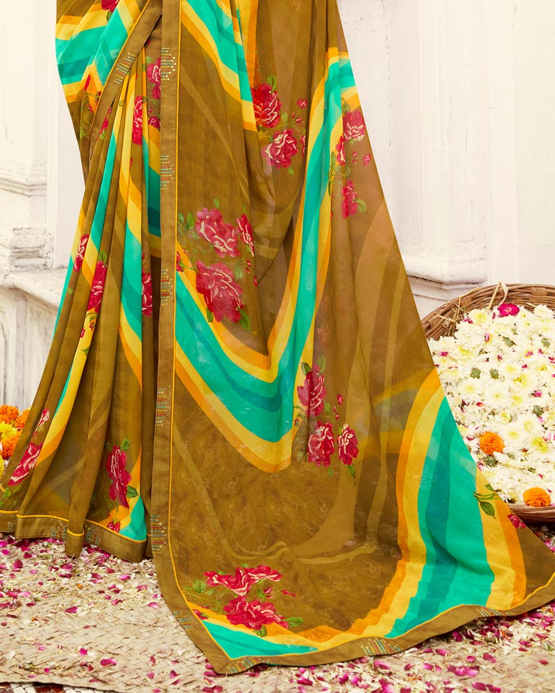Vishal Prints Dark Mustard Printed Georgette Saree With Fancy Border