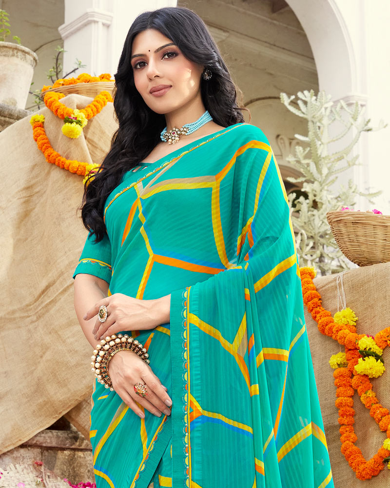 Vishal Prints Dark Turquoise Blue Printed Georgette Saree With Fancy Border
