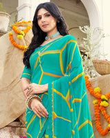 Vishal Prints Dark Turquoise Blue Printed Georgette Saree With Fancy Border